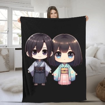 Discover Chibi Kawaii Traditional Kimono Duo Fleece Blankets