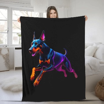 Discover Neon Doberman Running Illustration Fleece Blankets