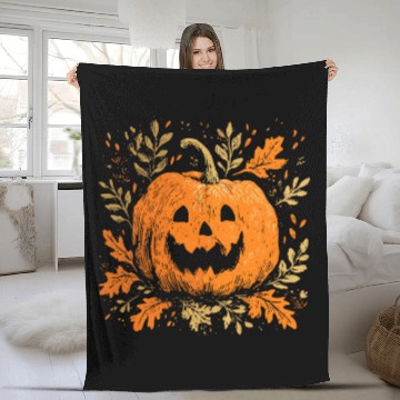 Discover Fall Jack-o'-lantern Spooky Pumpkin Halloween  Fleece Blankets