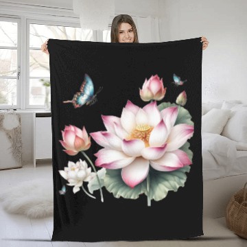 Discover Light Pink Lotus and Butterflies  Fleece Blankets