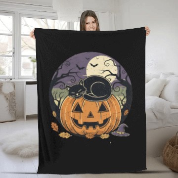 Discover Spooky Cat Nap Pumpkin | Halloween Party Design Fleece Blankets