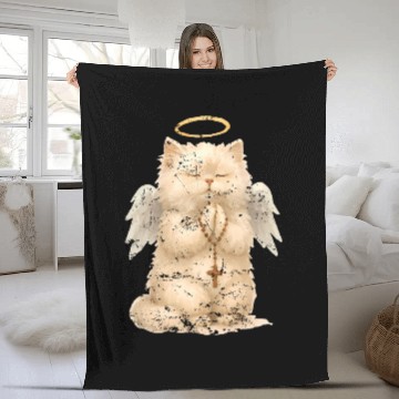 Discover Heavenly Praying Cat with Angel Wings Fleece Blankets