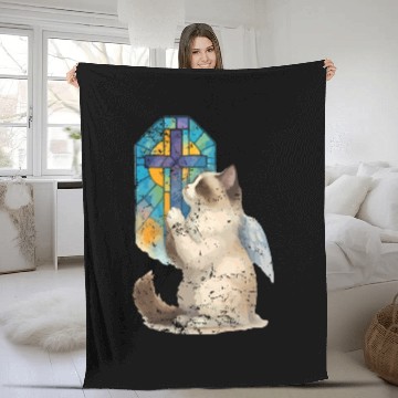 Discover Celestial Cat with Stained Glass Cross Fleece Blankets