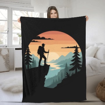 Discover Sunset Mountain Hiker Illustration Fleece Blankets