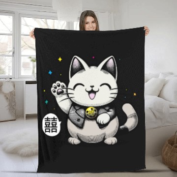 Discover Happy Maneki Neko - double happiness - 招き猫 Fleece Blankets