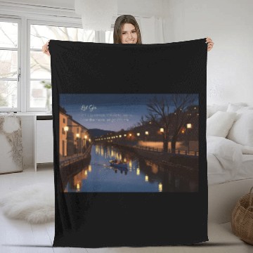 Discover Serene Night Riverside Boat Scene Fleece Blankets