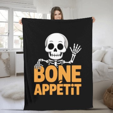 Discover Halloween Skeleton with Bone Appétit Text Fleece Blankets