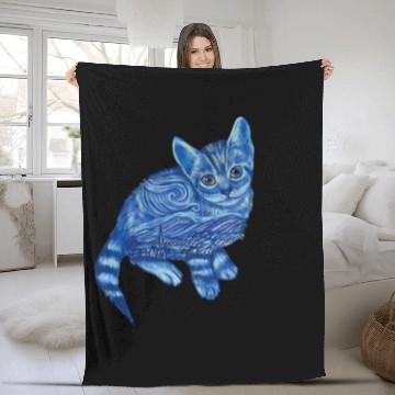 Discover Blue Van Gogh Starry Night Bengal Cat Illustration Fleece Blankets