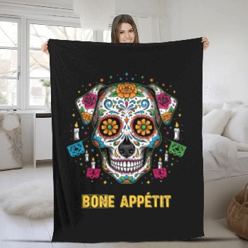 Discover Day of Dead Dog Sugar Skull Art - Bone Appetit Fleece Blankets