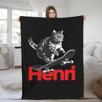 Discover Cool Cat Skateboard with cute Boy Name HENRI Fleece Blankets
