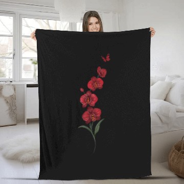 Discover Red Orchid Flowers illustration with red butterfly Fleece Blankets