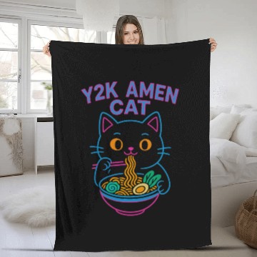 Discover Y2K Ramen Cat – Retro Neon Anime Noodle Lover Desi Fleece Blankets