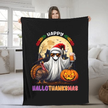 Discover Happy Hallothanksmas Halloween Thanksgiving Xmas Fleece Blankets