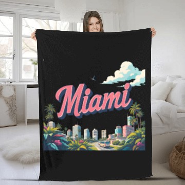 Discover Vibrant Miami Skyline with Tropical Flair Fleece Blankets