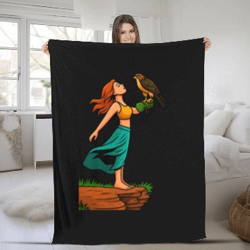 Discover Woman with Hawk on Arm in Nature Scene Fleece Blankets