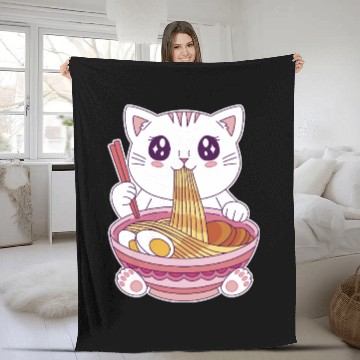Discover Cute Kawaii Cat Eating Ramen  Fleece Blankets