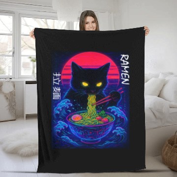 Discover Neon Black Cat Ramen Art Fleece Blankets