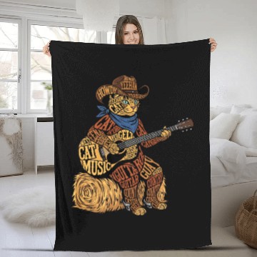 Discover Cowboy Cat Playing Guitar – Typography Art Fleece Blankets