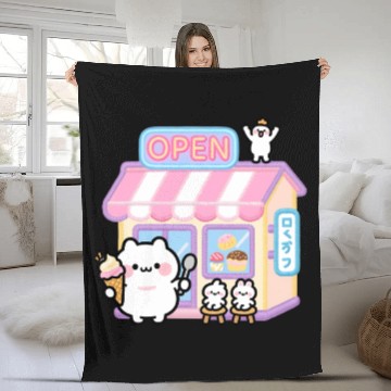 Discover Kawaii Cat Ice Cream Shop Illustration Fleece Blankets