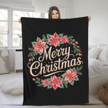 Discover Elegant Poinsettia Wreath Merry Christmas Script Fleece Blankets
