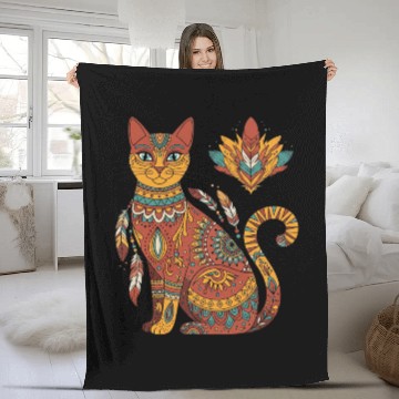 Discover Boho Mandala Cat – Tribal Art Vibes Fleece Blankets