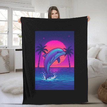Discover Neon Dolphin Sunset Scene Fleece Blankets