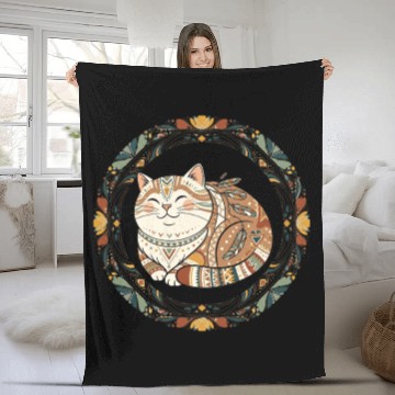 Discover Boho Cat – Smiling Feather Floral Circle Fleece Blankets