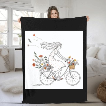 Discover Girl Riding Bicycle with Flowers Vintage  Fleece Blankets