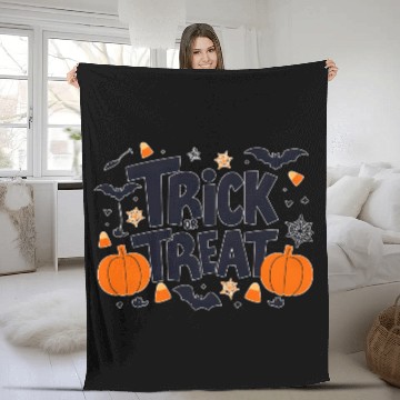 Discover Halloween Pumpkin and Bat Trick or Treat Design Fleece Blankets