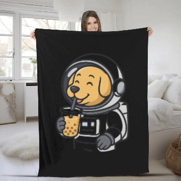Discover Cute Dog Astronaut Drinking Bubble Tea Fleece Blankets