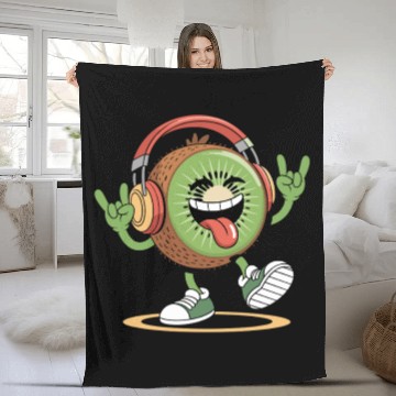 Discover Playful Kiwi Cartoon with Headphones Fleece Blankets
