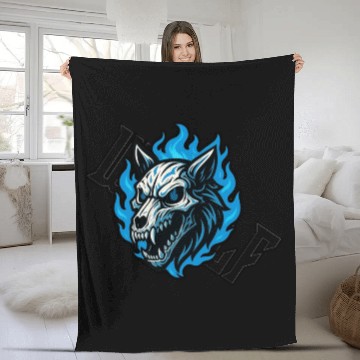 Discover Fierce Wolf Skull with Blue Flames Fleece Blankets