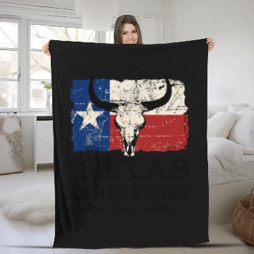 Discover Texas Bull Flag - Vintage Look Fleece Blankets