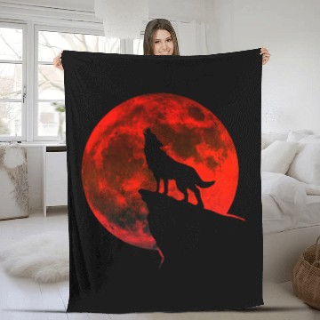 Discover Howling wolf full blood moon space galaxy gift dog Fleece Blankets