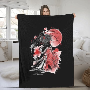 Discover Japan Geisha Red Moon Cherry Peach Tree Blossom Fleece Blankets