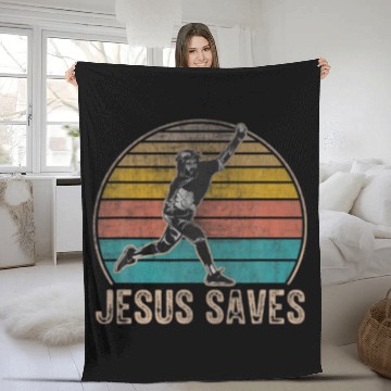 Discover Funny Baseball Catcher Jesus Saves Fleece Blankets