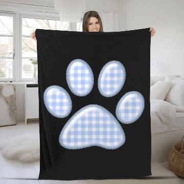 Discover gingham cat paw - blue Fleece Blankets