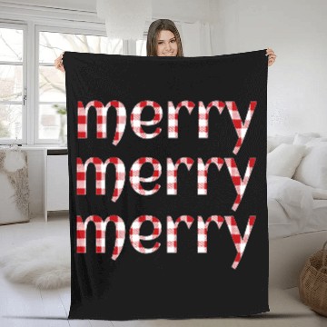 Discover Merry Merry Merry Saying Red Buffalo Plaid Fleece Blankets
