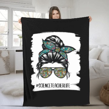 Discover Womens Science Teacher Messy Bun Life Glasses Back Fleece Blankets