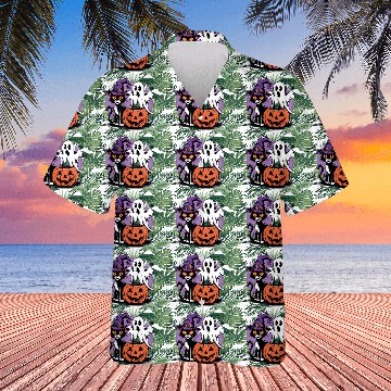 Discover Spooky Black Cat Pumpkin boo ghost Halloween Hawaiians