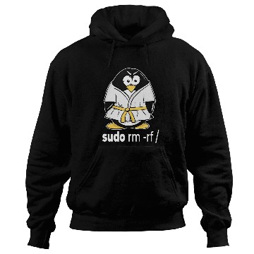Discover sudo rm rf linux penguin in a karate tuxedo for programmer Hoodies