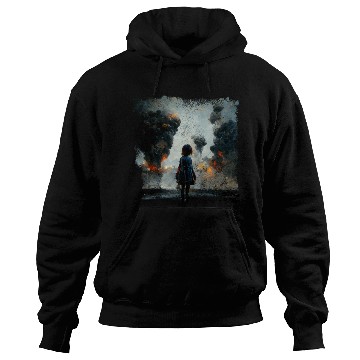 Discover Kid in war looking at explosion AI painting Hoodies