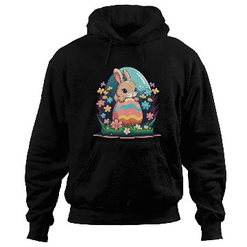 Discover Easter magic: cheerful bunny next to colorful eggs Hoodies