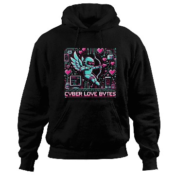 Discover Cyber Love Bytes 8bit Cupid Robot and Neon Hearts Hoodies