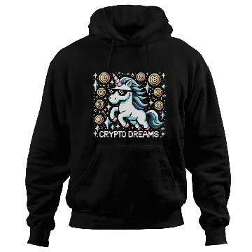 Discover Crypto Dreams - 8-bit Unicorn Amidst Digital Coins Hoodies