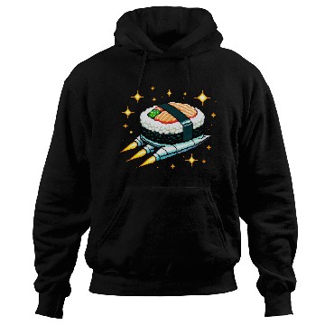 Discover 8-Bit Cosmic Sushi: Space Culinary Quest Hoodies