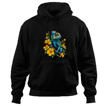 Discover Chameleon on a Branch Surrounded by Flowers Hoodies