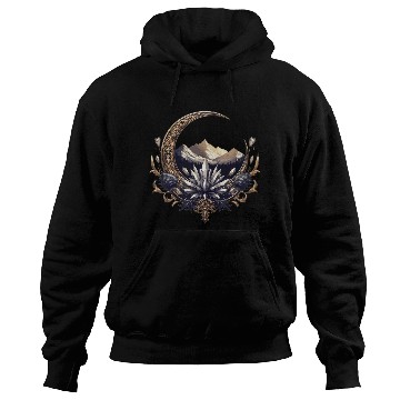 Discover Crescent moon in gold, with crystals and mountains Hoodies