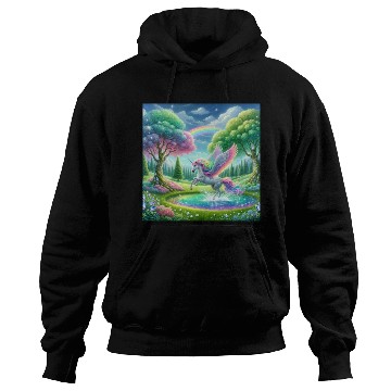 Discover Enchanted Rainbow Unicorn Over Sparkling Pond Hoodies