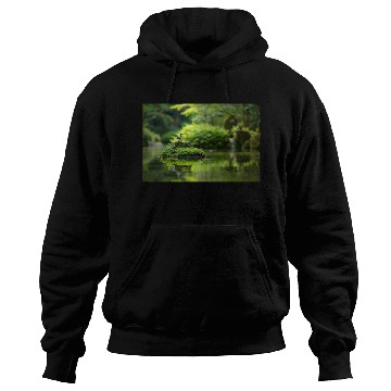 Discover Serene Pond with Bird on Mossy Rock Hoodies